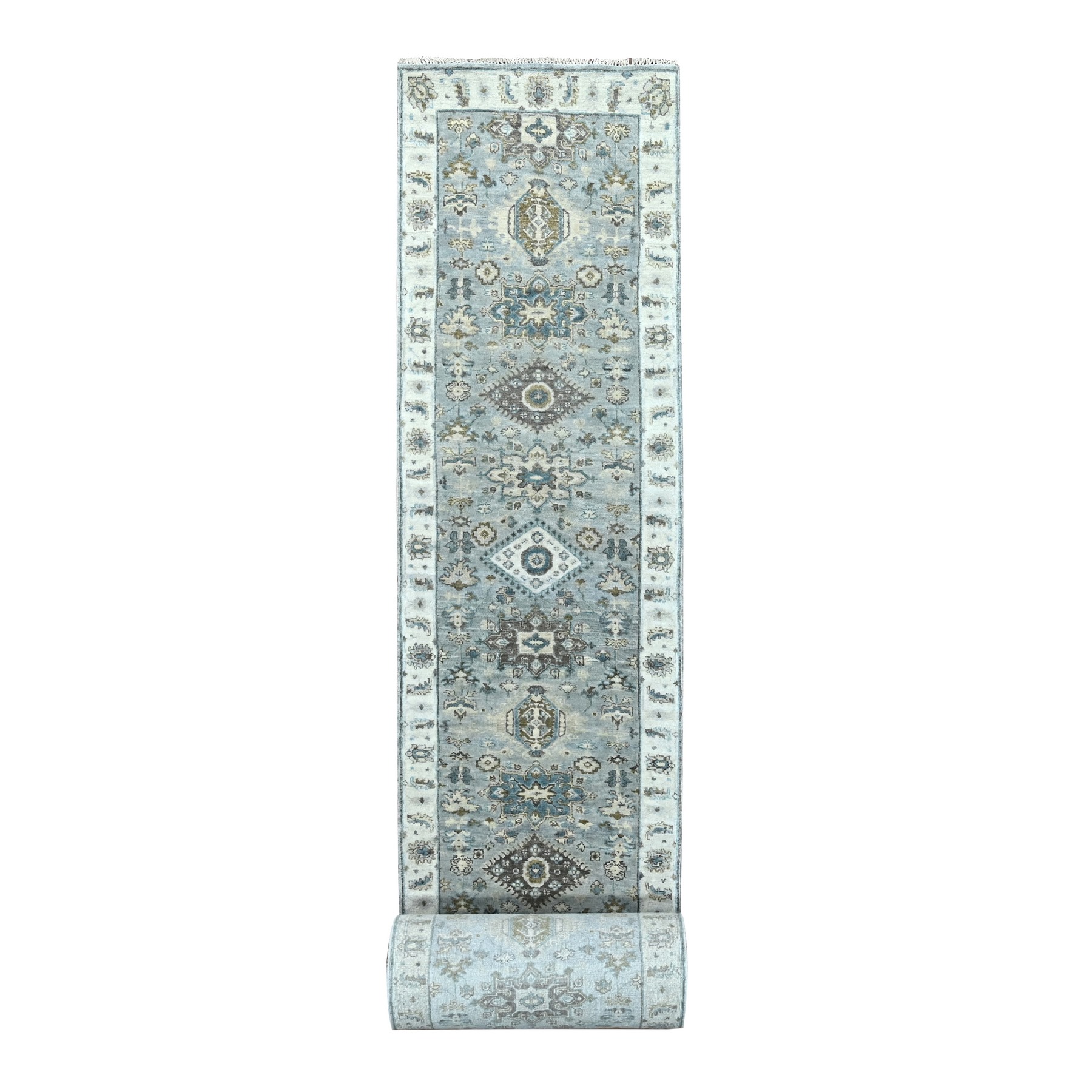 Seraph Gray With White Smoke, Karajeh Design with Geometric Motifs, Soft to the Touch Pile, Hand Knotted, Pure Wool, Vegetable Dyes, XL Runner Oriental Rug 
